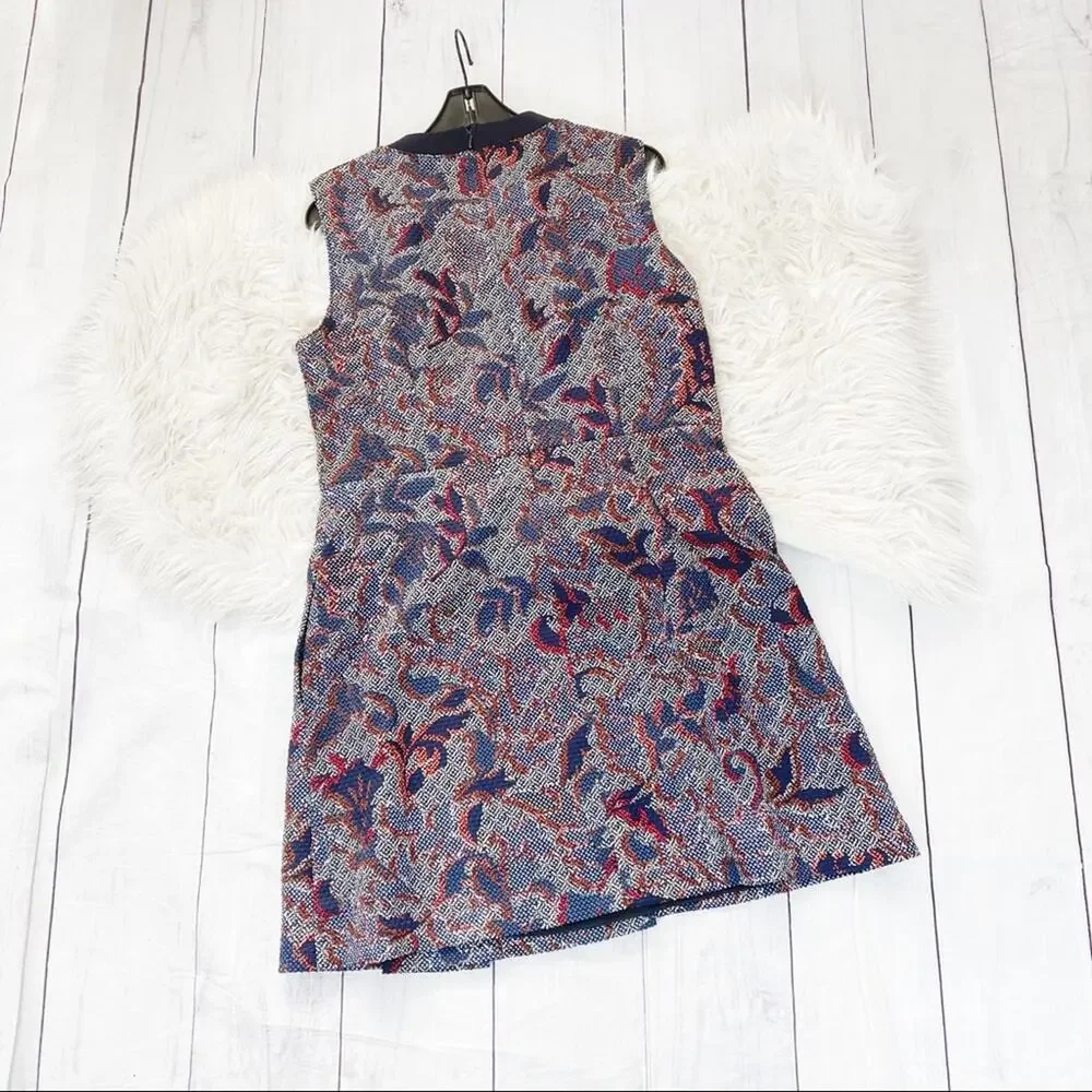 Tory Burch‎ Navy Blue Dalia Pixilated Print Brocade Cut Out Pencil Dress 14 NEW